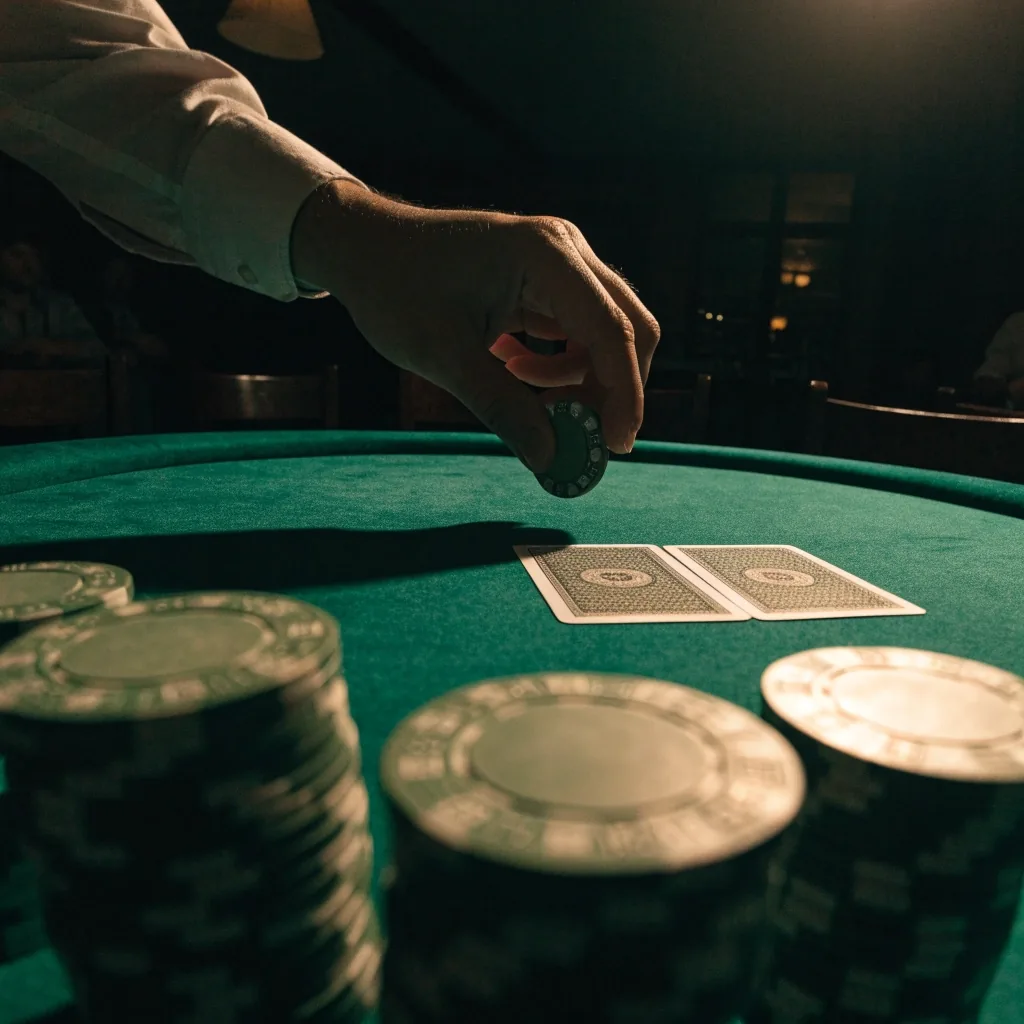 Pokerový stůl v herně Zlatá Lipa při rozmíchaných kartách a nasazených žetonech, tmavá místnost v bočním světle