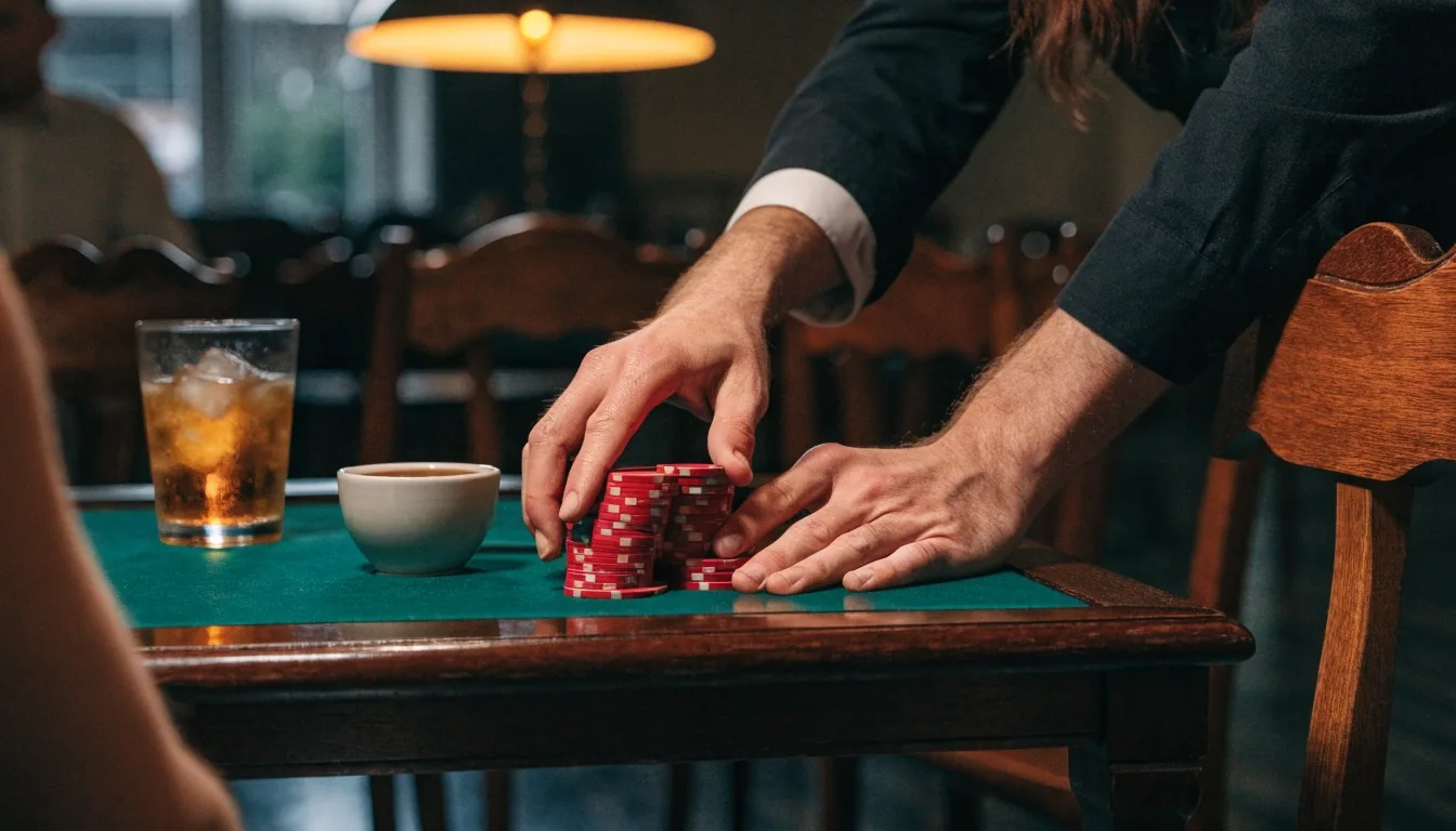 Zelené sukno pokerového stolu s rozdanými kartami a sloupky žetonů v šeru herny