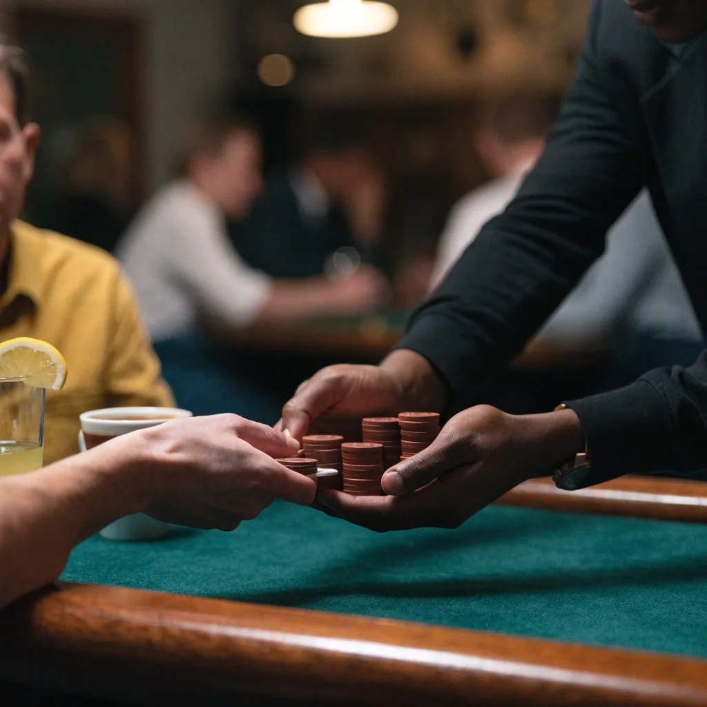 Stojan na karty a čtyři sloupce žetonů na okraji plátna pokerového stolu ve studeném světle
