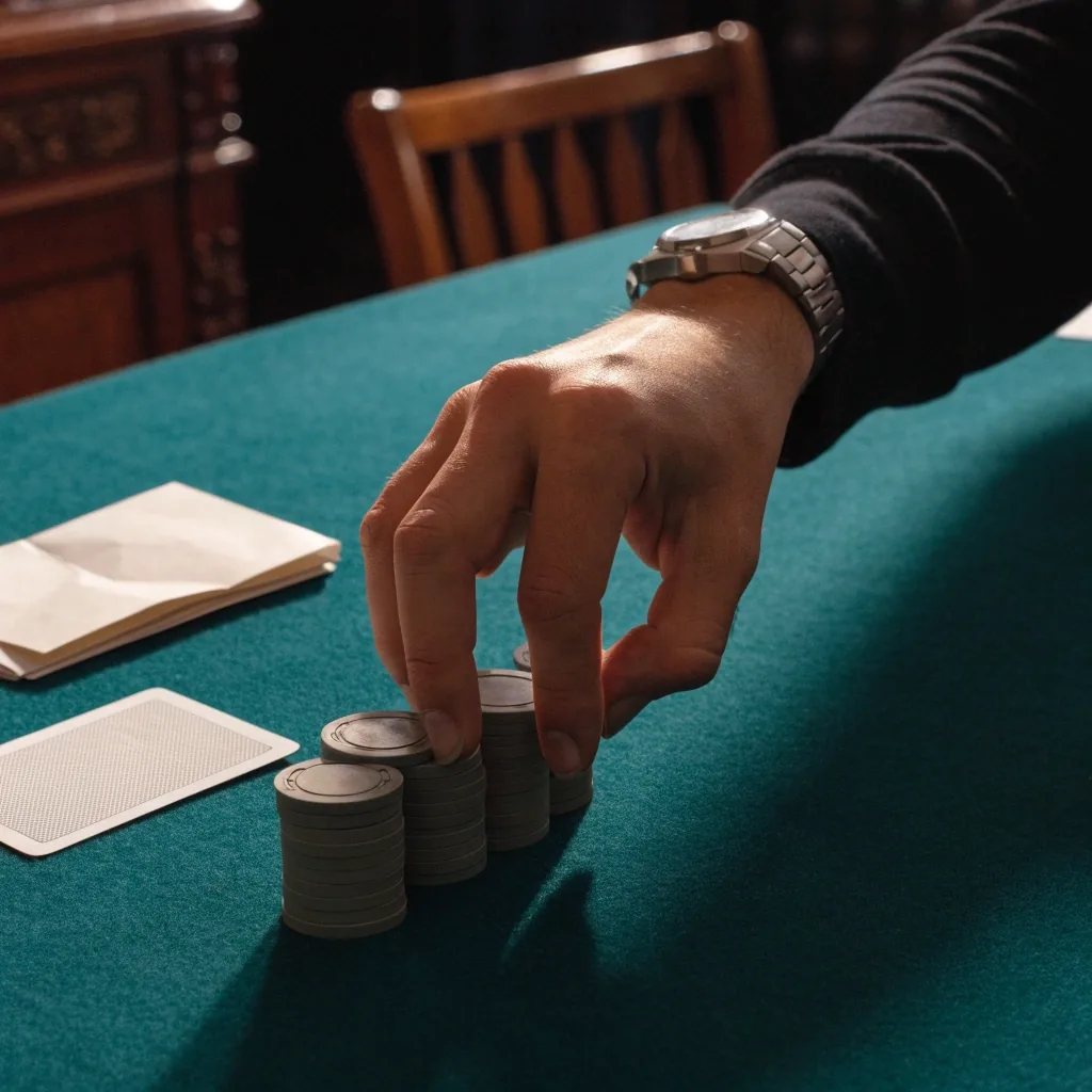 Ruka hosta posouvající žetony po zeleném suknu pokerového stolu v Zlaté Lipě