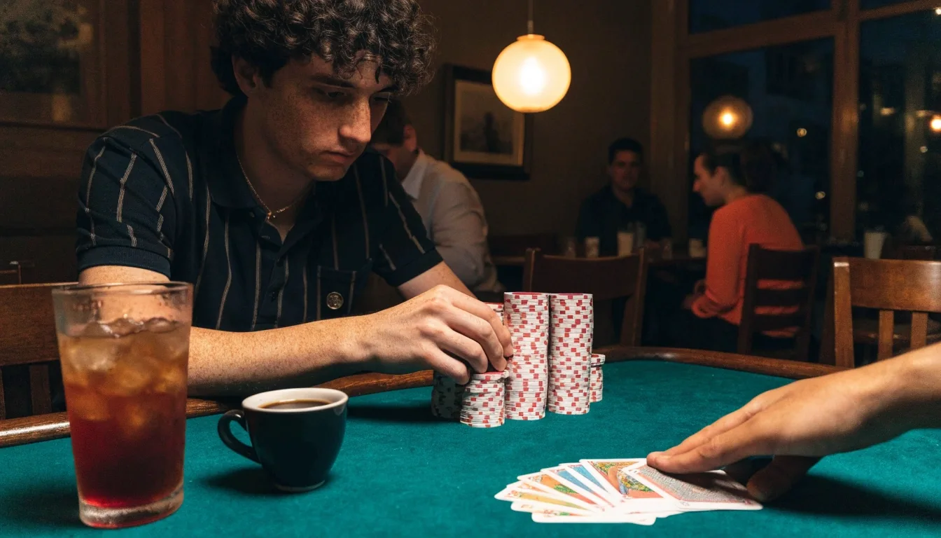 Felt poker table mid-deal with chip stacks and a coffee cup on the rail